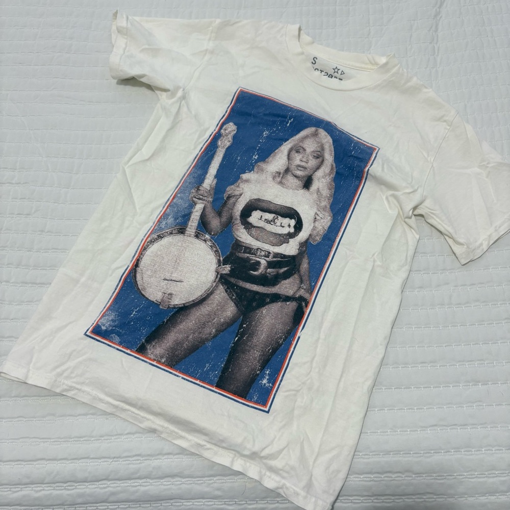 Graphic White T-Shirt with Blue and Black Print